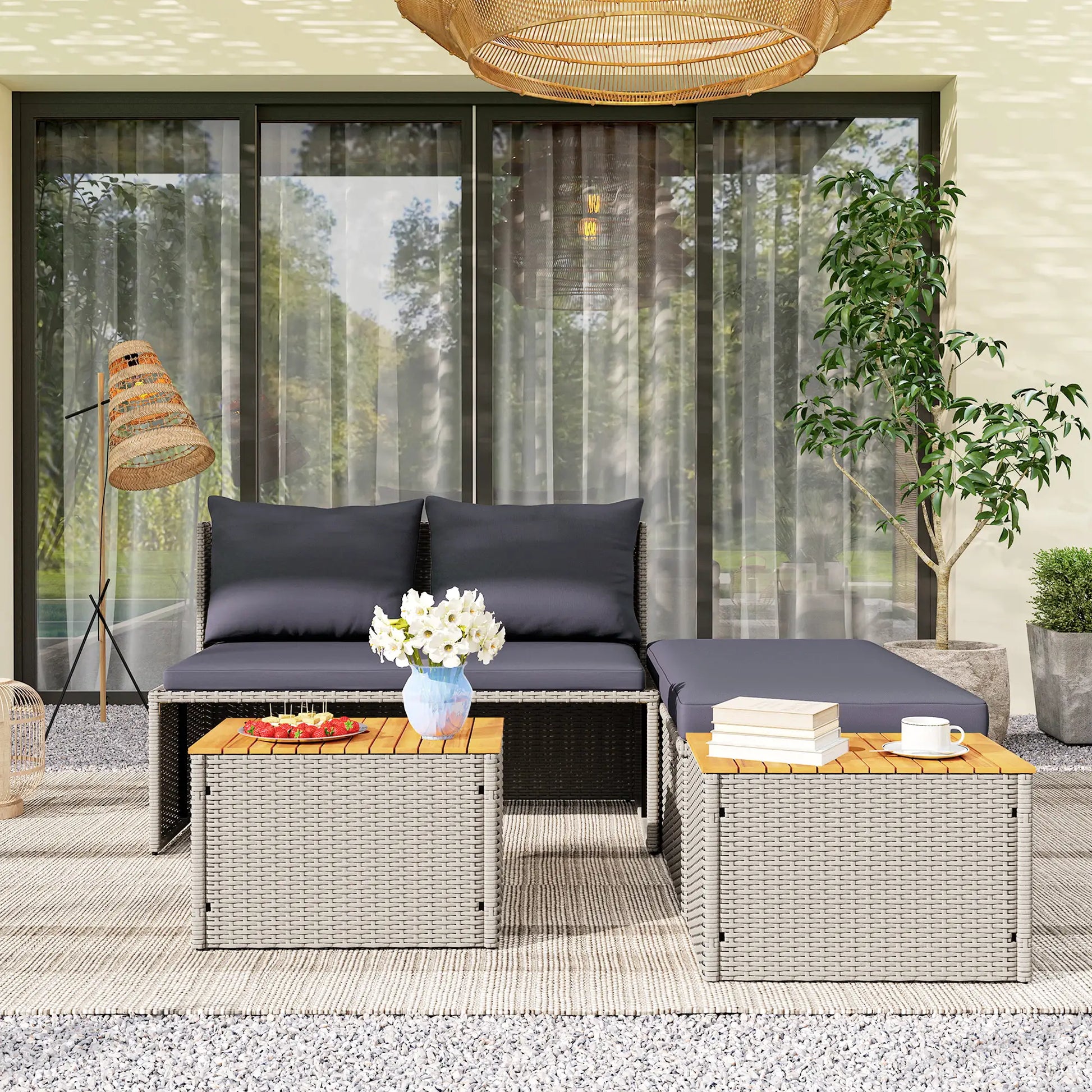 Nancy's Genazzano Loungebed - Ligbed - Tuinligstoel - Grijs - Acaciahout / Rotan