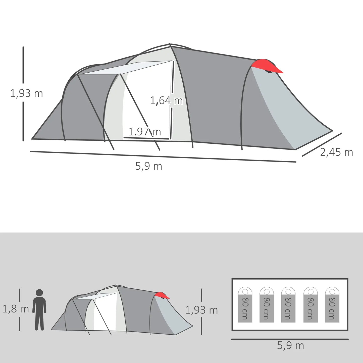 Nancy's Fonzaso Kampeertent - Campingtent - 2 Slaapkamers - Grijs / Rood - ± 590 x 245 x 195 cm