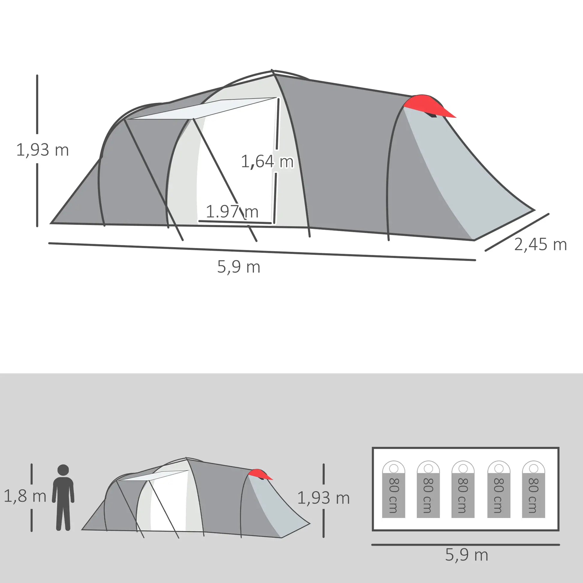 Nancy's Fonzaso Kampeertent - Campingtent - 2 Slaapkamers - Grijs / Rood - ± 590 x 245 x 195 cm