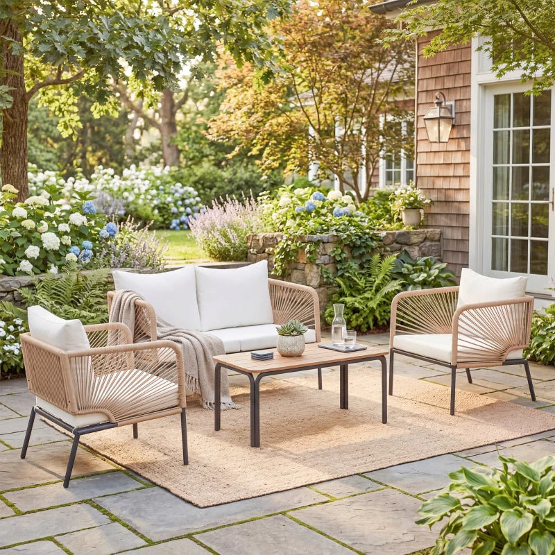Nancy's Siponto Loungeset - Tuinmeubelset - Tuinset - Lounge Set - Wit / Teak / Rotan