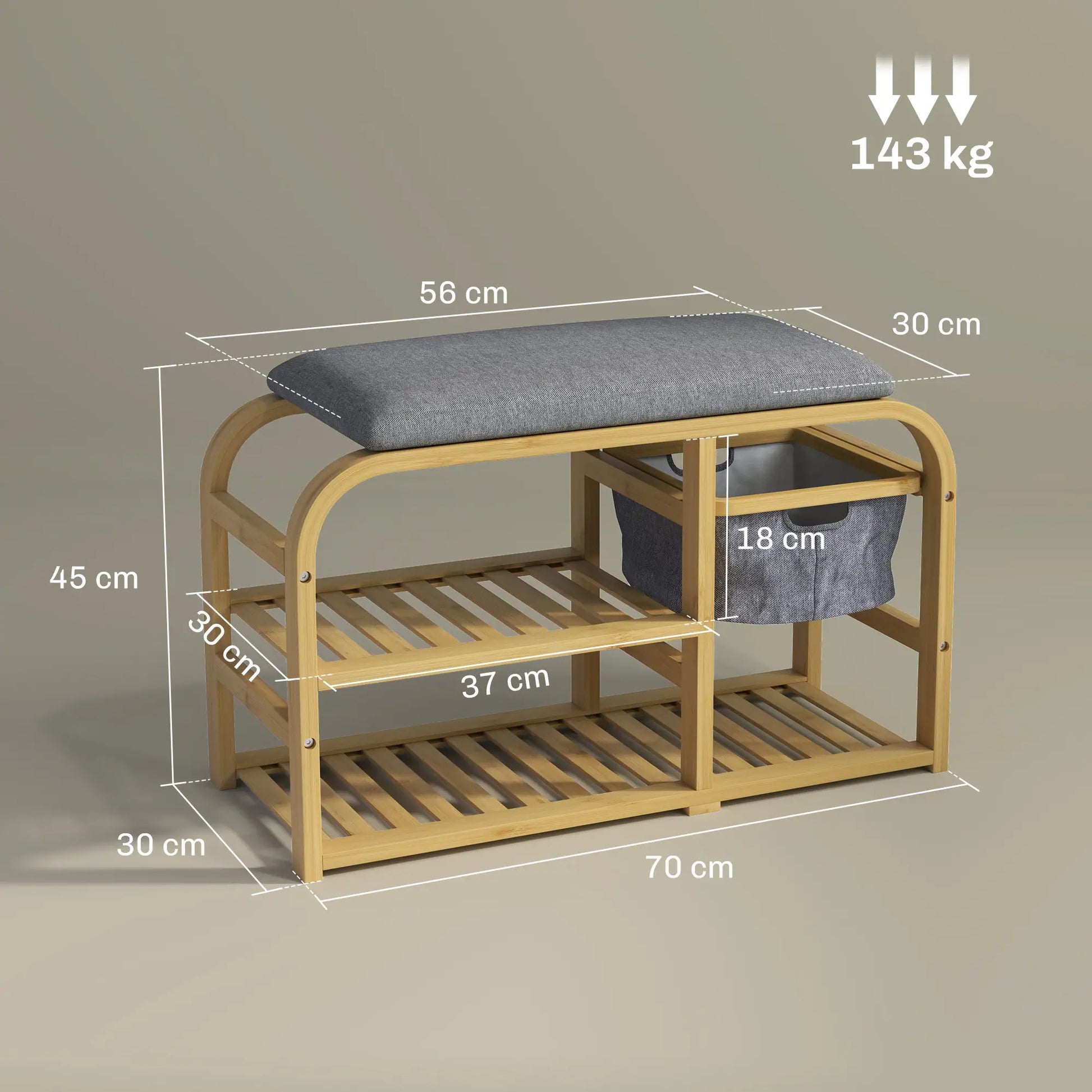 Nancy's Cusiano Schoenenbank - Schoenenrek - Schoenen Opbergen - Hout / Grijs - 70 x 30 x 45 cm