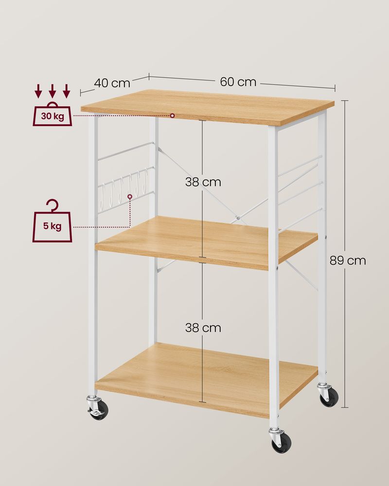 Nancy's San Juan Trolley - Serveerwagen - Keukentrolley - Eikenhout / Wit - ± 60 x 40 x 90 cm