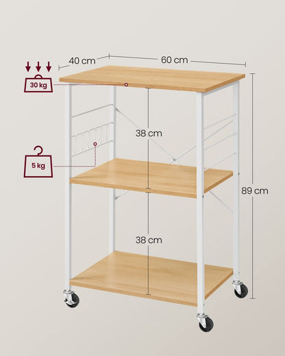 Nancy's San Juan Trolley - Serveerwagen - Keukentrolley - Eikenhout / Wit - ± 60 x 40 x 90 cm