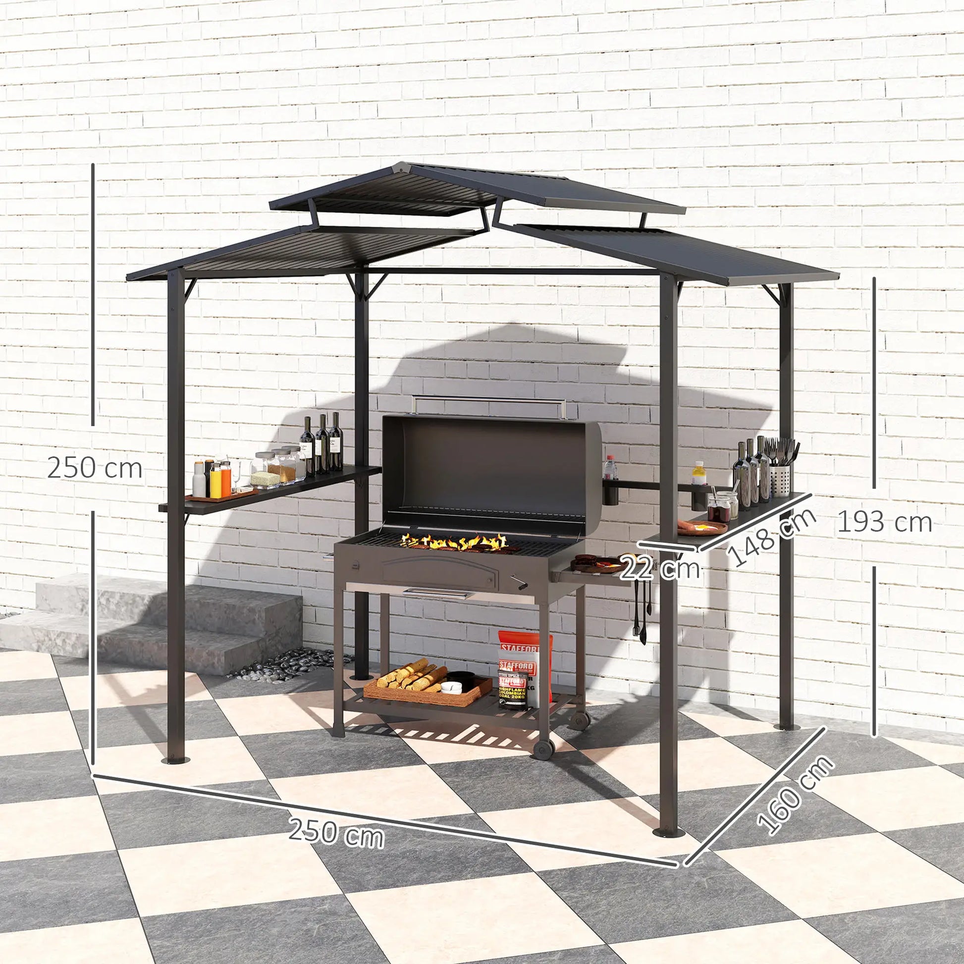 Nancy's Cossignano Barbecue Paviljoen - BBQ Afdak - BBQ Overkapping - Zwart - Staal - 250 x 160 x 250 cm