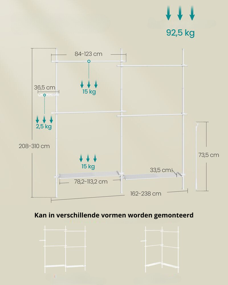 Nancy's Macieira Kledingrek - Kledingstang - Open Garderobe - Wit - Staal - Verstelbaar