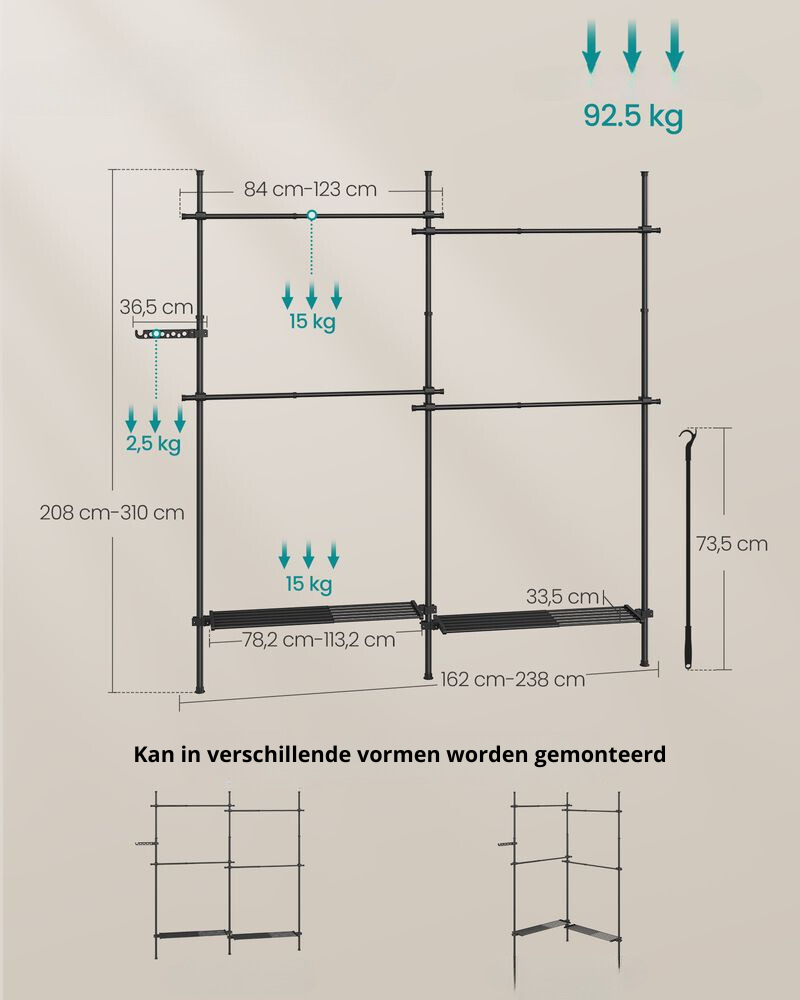 Nancy's Macieira Kledingrek - Kledingstang - Open Garderobe - Zwart - Staal - Verstelbaar