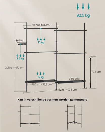Nancy's Macieira Kledingrek - Kledingstang - Open Garderobe - Zwart - Staal - Verstelbaar