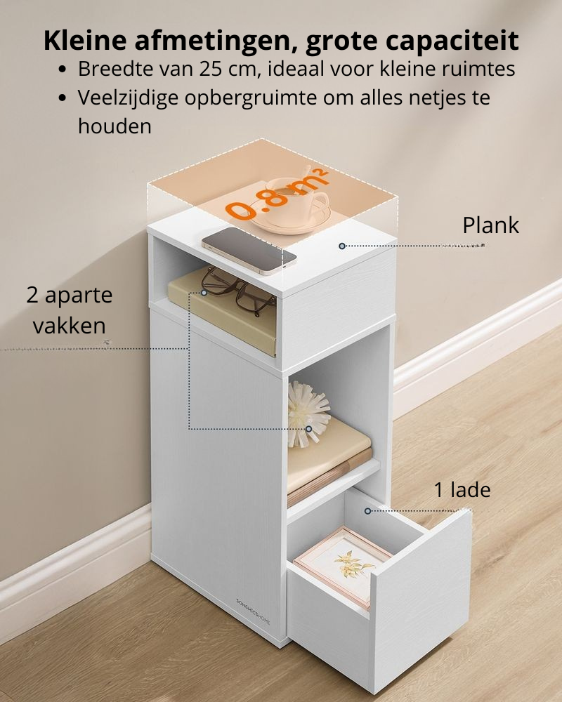 Nancy's Picinisco Nachtkastje - Bijzettafeltje - 2 Open vakken en lade - Wit - ± 30 x 25 x 60 cm