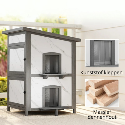 Nancy's Pesaro Kattenhuis - Kattenvilla - Kattengrot - Grijs / Wit - Dennenhout - ± 60 x 60 x 90 cm