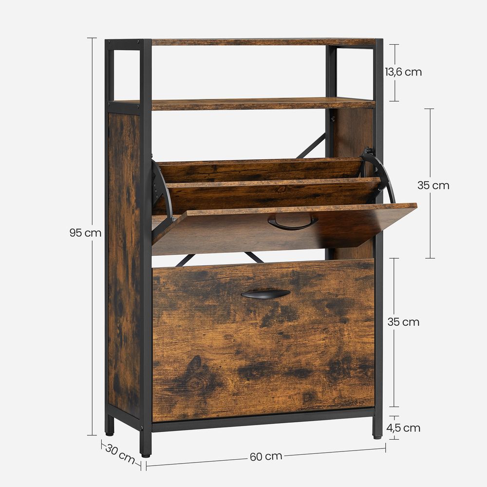 Nancy's Brennero Schoenenkast - Schoenenrek - Vintage Bruin / Zwart - 60 x 30 x 95 cm