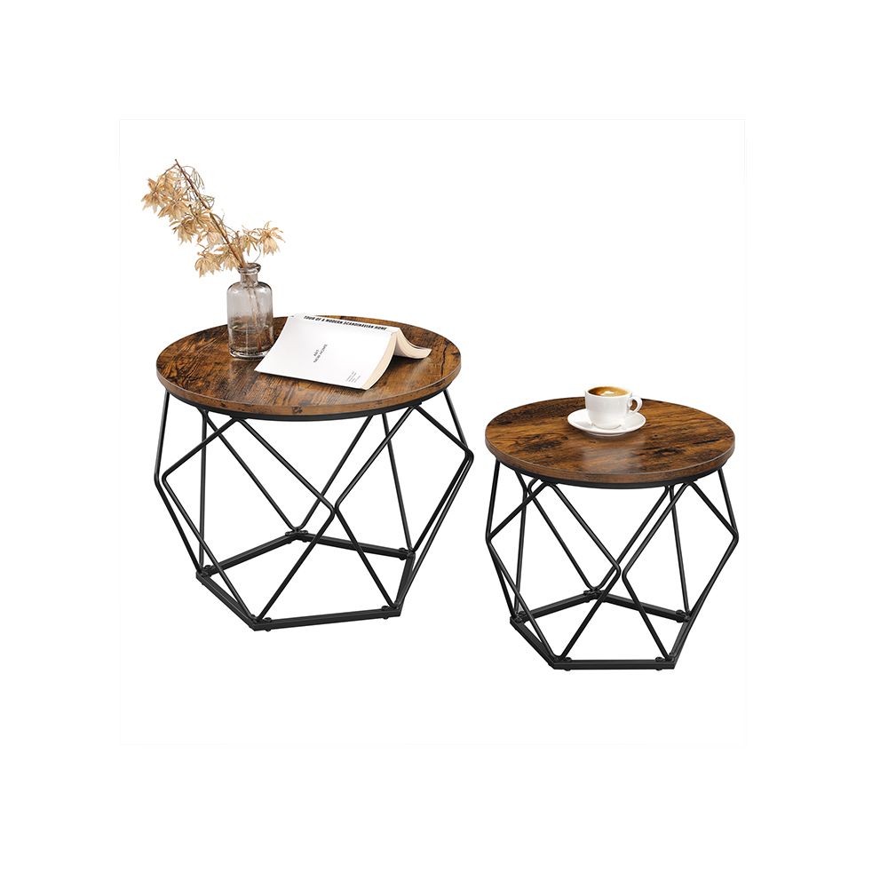 Nancy's Ramsgate Salontafel Set Bruin- Bijzettafel - Staal - Spaanplaat - Vintage - 50 x 40 cm Ø x H + 40 x 36 cm Ø x H