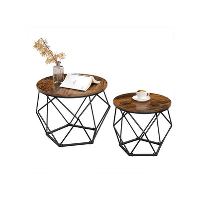 Nancy's Ramsgate Salontafel Set Bruin- Bijzettafel - Staal - Spaanplaat - Vintage - 50 x 40 cm Ø x H + 40 x 36 cm Ø x H