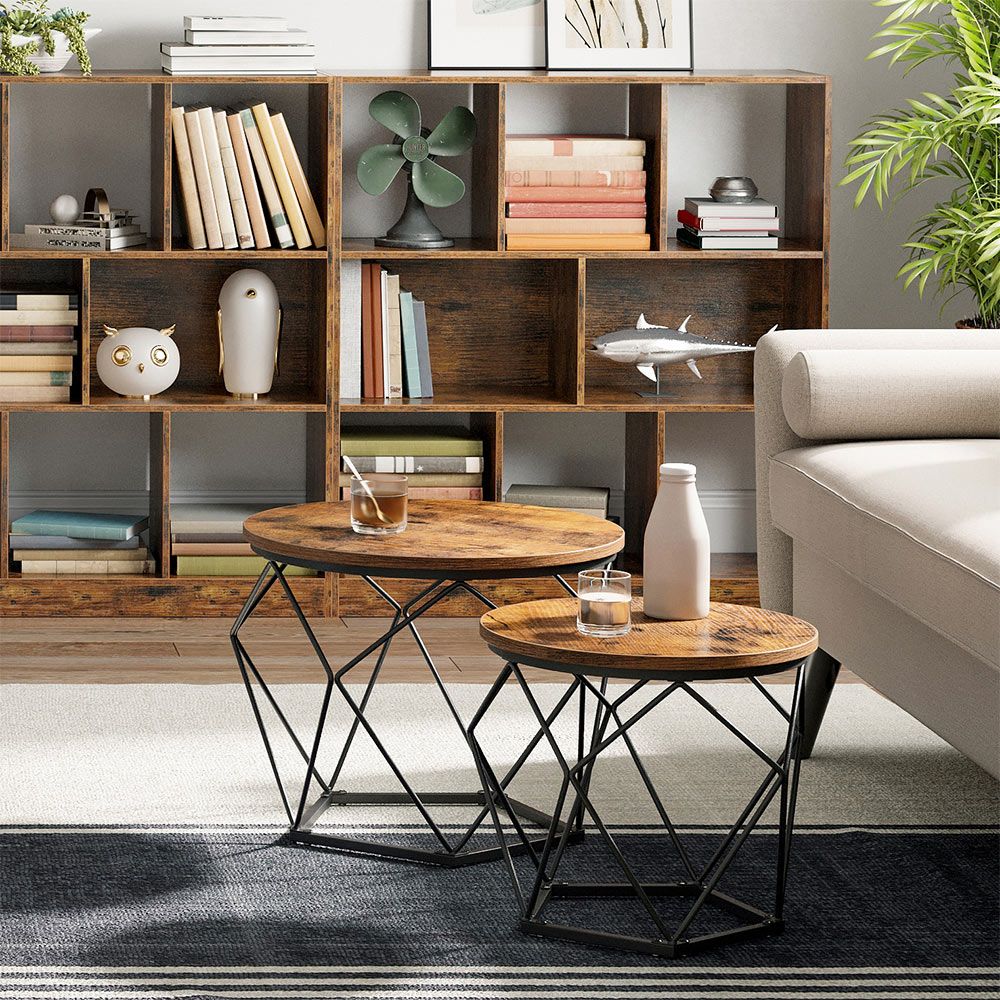 Nancy's Ramsgate Salontafel Set Bruin- Bijzettafel - Staal - Spaanplaat - Vintage - 50 x 40 cm Ø x H + 40 x 36 cm Ø x H