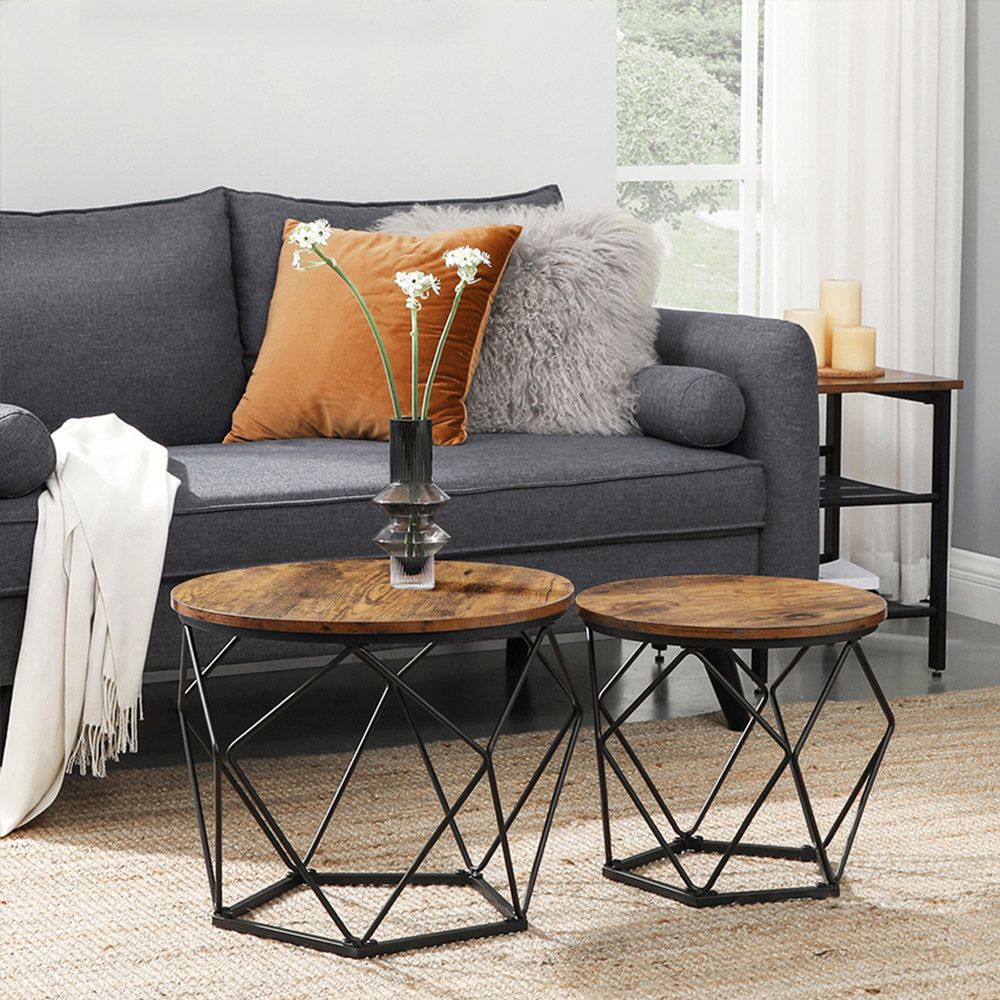 Nancy's Ramsgate Coffee Table Set Brown - Side table - Steel - Chipboard - Vintage - 50 x 40 cm (Ø x H) + 40 x 36 cm (Ø x H)