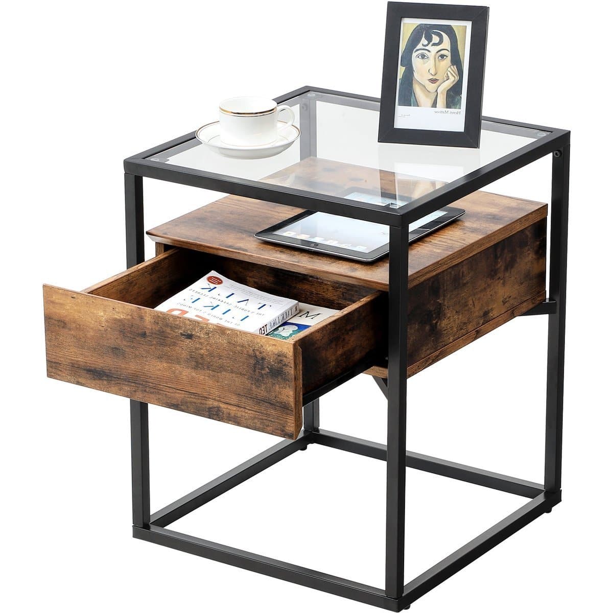 Nancy's Pullman Side Table With Glass Top - Bedside Table with Drawer - Bedside Tables - Industrial - 43 x 43 x 54 cm