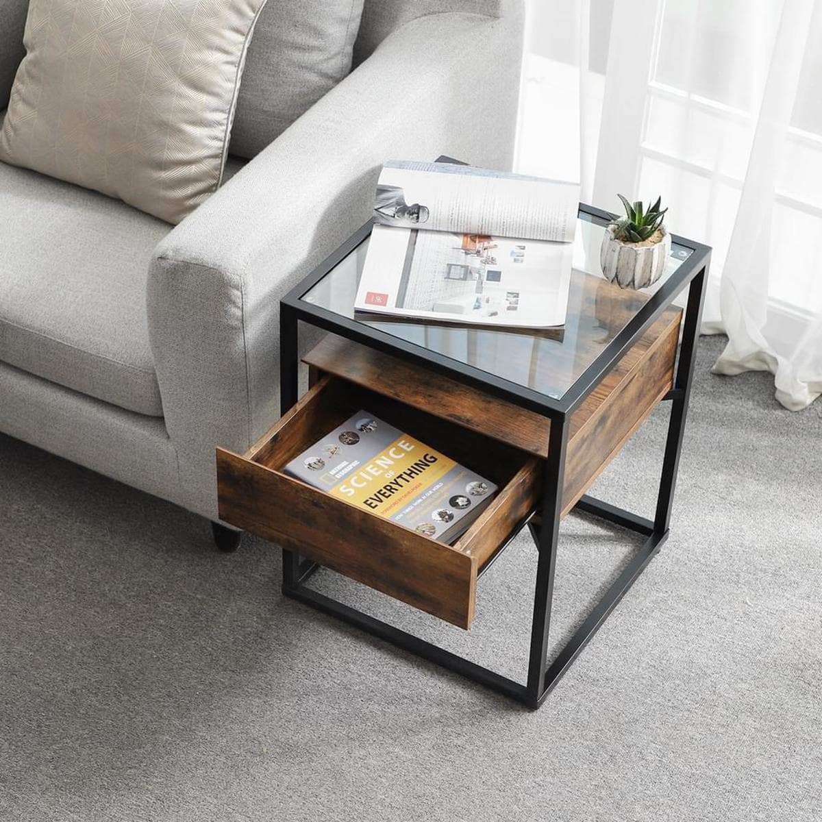 Nancy's Pullman Side Table With Glass Top - Bedside Table with Drawer - Bedside Tables - Industrial - 43 x 43 x 54 cm