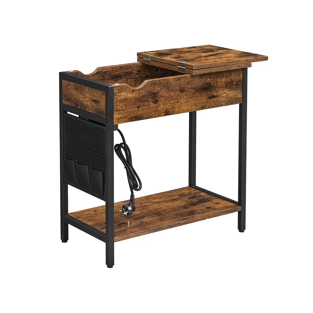 Table de chevet Whiston de Nancy avec prises - Noir - Marron - Acier - Industriel - Table d'appoint - 60 x 31,5 x 60 cm (L x L x H)