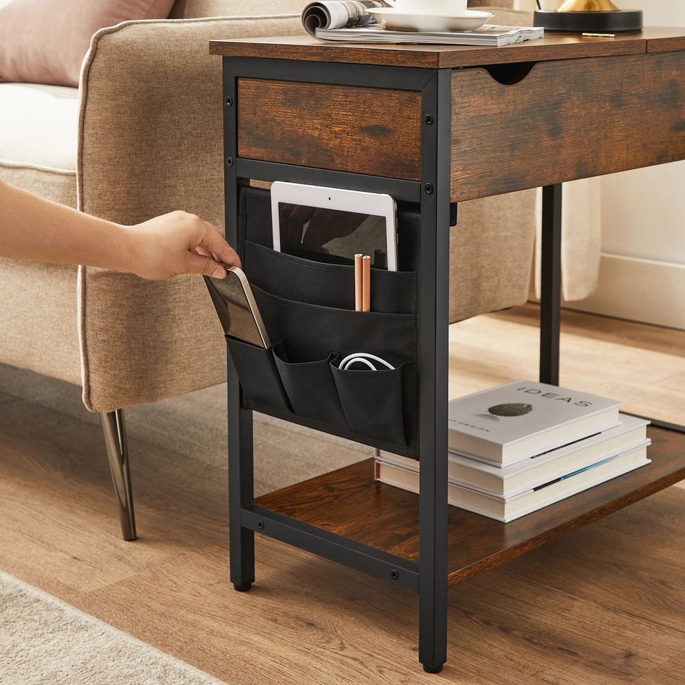 Nancy's Whiston Side Table With Sockets - Black - Brown - Steel - Industrial - Bedside Table - 60 x 31.5 x 60 cm (L x W x H)