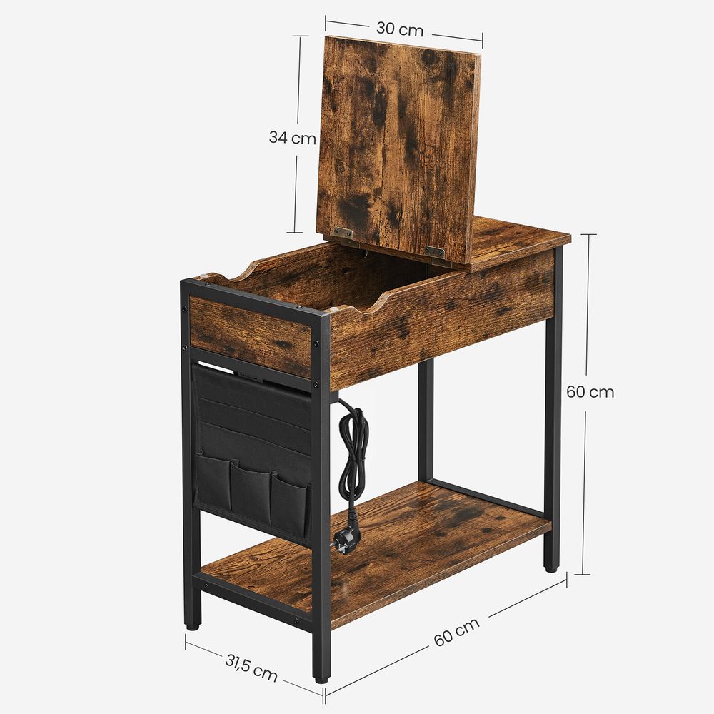 Nancy's Whiston Nachtkastje Met Stopcontacten- Zwart - Bruin - Staal - Industrieel - Bijzettafel- 60 x 31,5 x 60 cm L x B x H