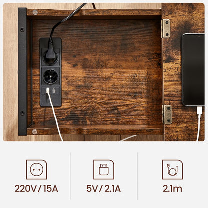 Nancy's Whiston Bijzettafel Met Stopcontacten- Zwart - Bruin - Staal - Industrieel - Nachtkastje -  60 x 31,5 x 60 cm (L x B x H)