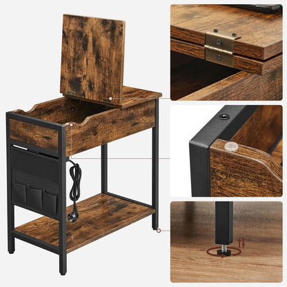 Nancy's Whiston Bijzettafel Met Stopcontacten- Zwart - Bruin - Staal - Industrieel - Nachtkastje - 60 x 31,5 x 60 cm L x B x H