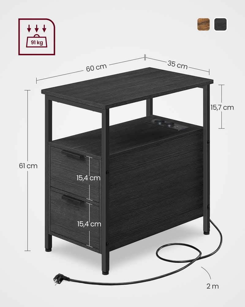 Nancy's Whiston Bedside Table With Sockets - Black - Steel - Modern - Side table - 60 x 31.5 x 60 cm (L x W x H)