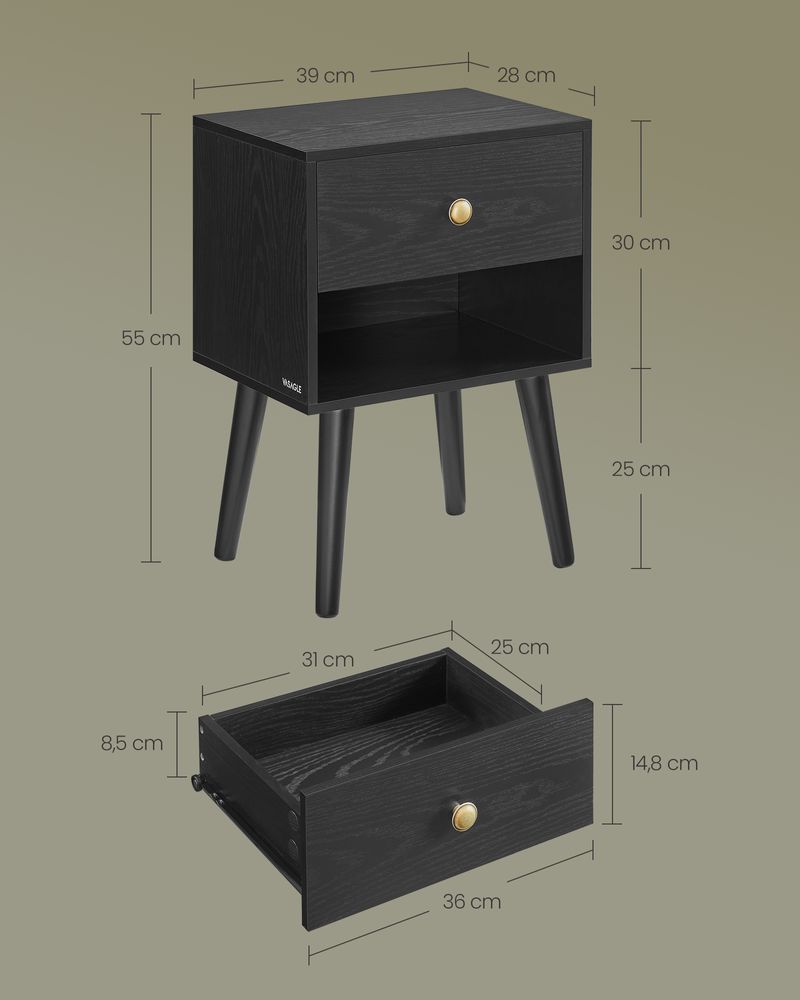 Nancy's Bosentino Nachtkastje - Bijzettafel - Zwart - ± 40 x 30 x 55 cm