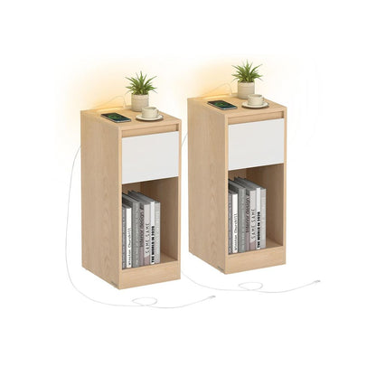 Nancy's Mincio Nachtkastjes - Set van 2 - LED-verlichting - Opladen en Opbergen - Beige/Wit - ± 25 x 30 x 60 cm