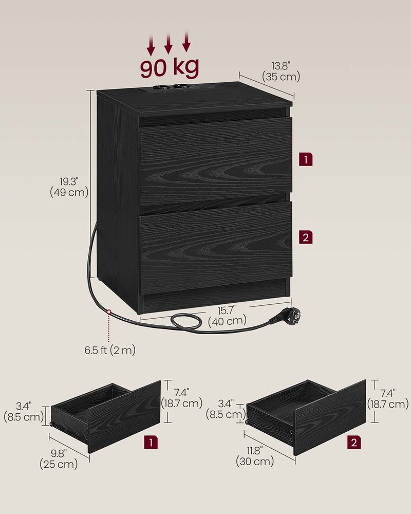 Nancy's Minerbe Nachtkastjes - Set van 2 - Ladekastjes - Oplaadstation - Zwart - ± 40 x 35 x 50 cm