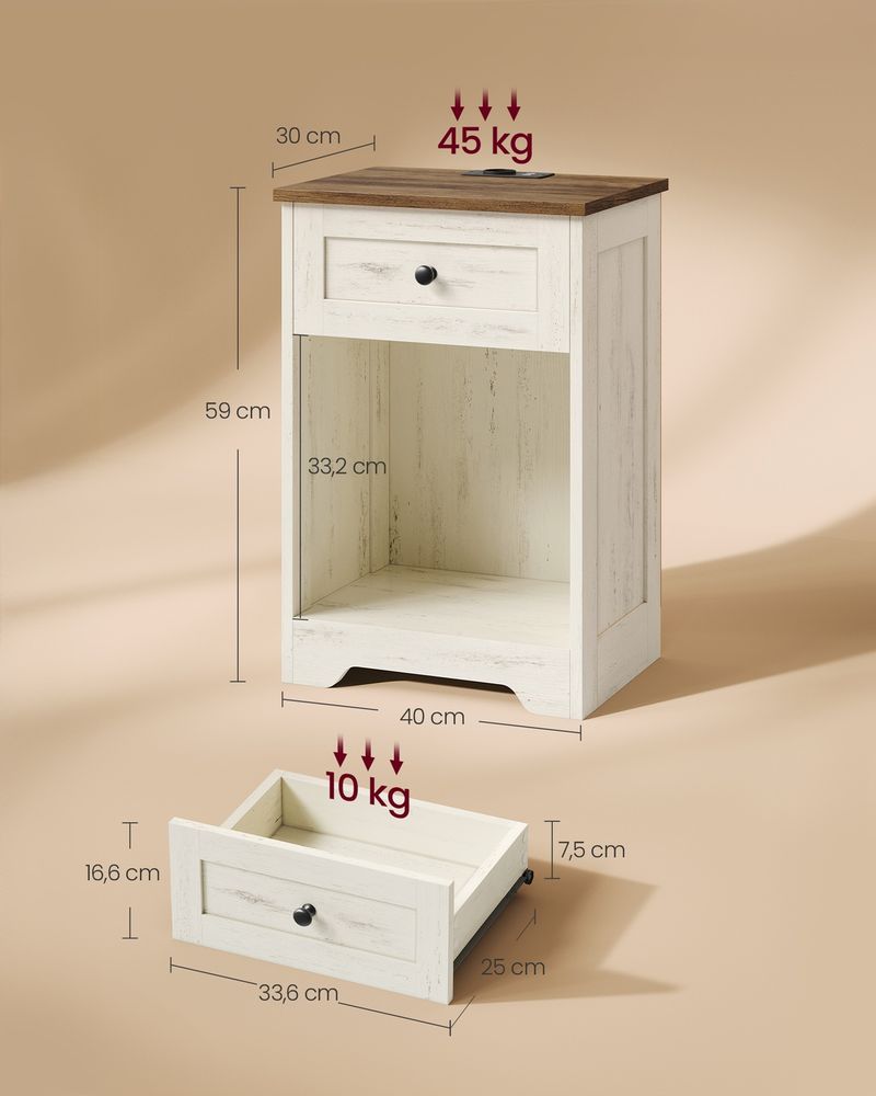 Nancy's Tiers Nachtkastjes - Set van 2 - Bijzettafeltjes - Met Oplaadstation - Wit / Bruin - ± 40 x 30 x 60 cm