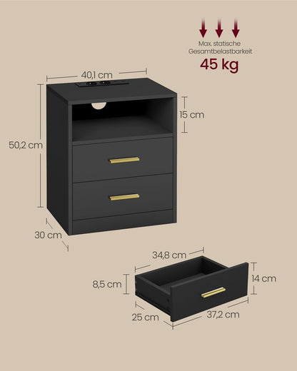 Nancy's Postal Nachtkastjes - Set van 2 - Praktische stekkerdoos - LED-Verlichting - Zwart - ± 40 x 35 x 50 cm