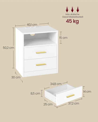 Nancy's Postal Nachtkastjes - Set van 2 - Praktische stekkerdoos - LED-Verlichting - Wit - ± 40 x 35 x 50 cm