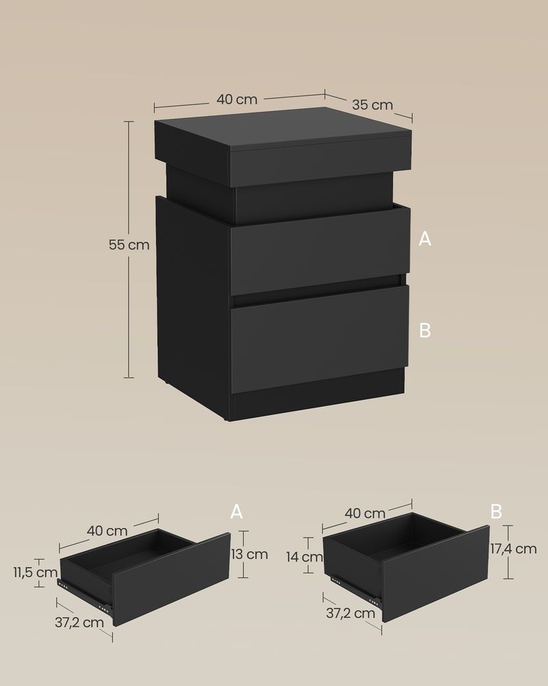 Nancy's Postua Nachtkastjes - Set van 2 - Oplaadstation - LED-Verlichting - Zwart - ± 40 x 35 x 55 cm