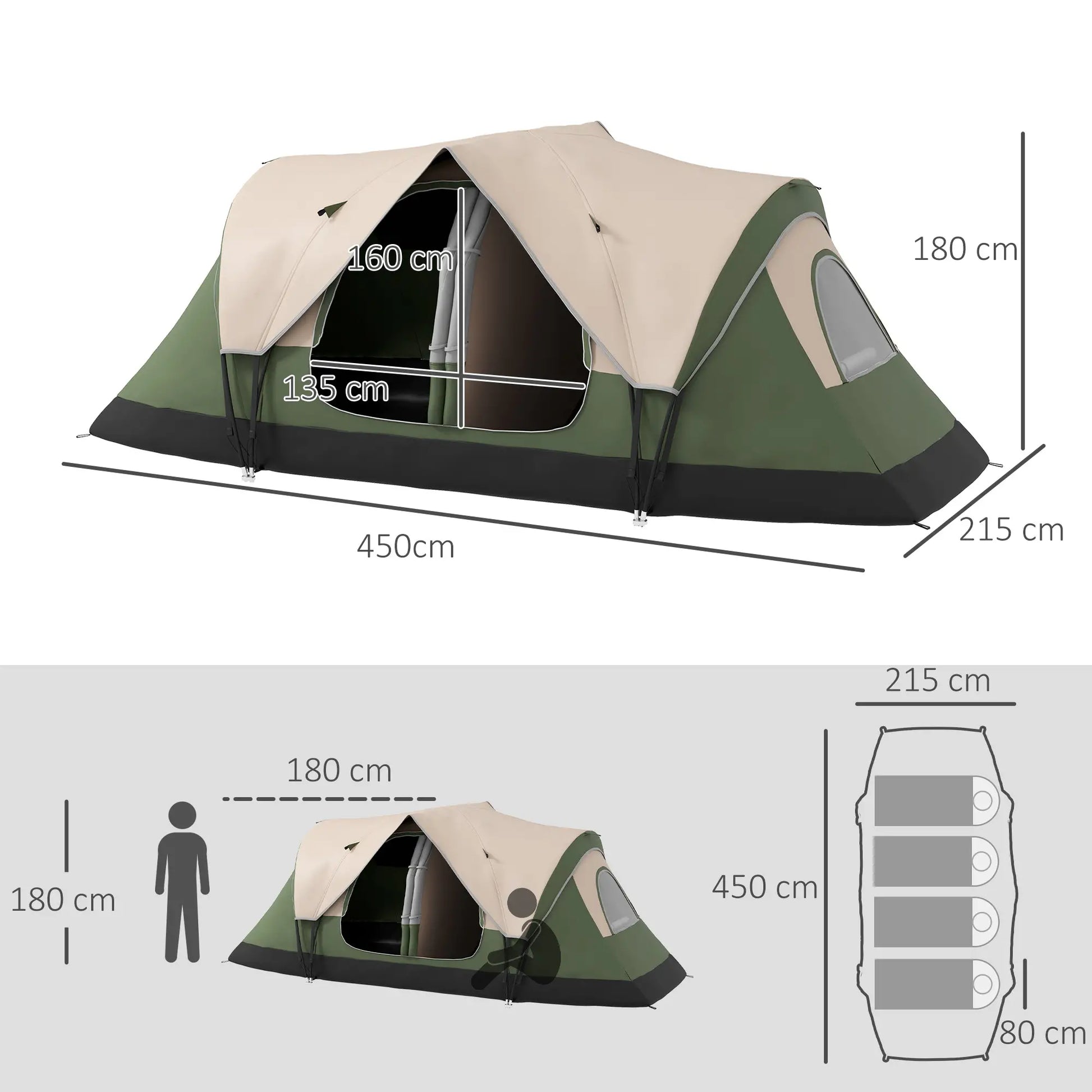 Nancy's Durazzano Kampeertent - 6-Persoons Campingtent - 2 Slaapkamers - Donkergroen - 450 x 215 x 180 cm