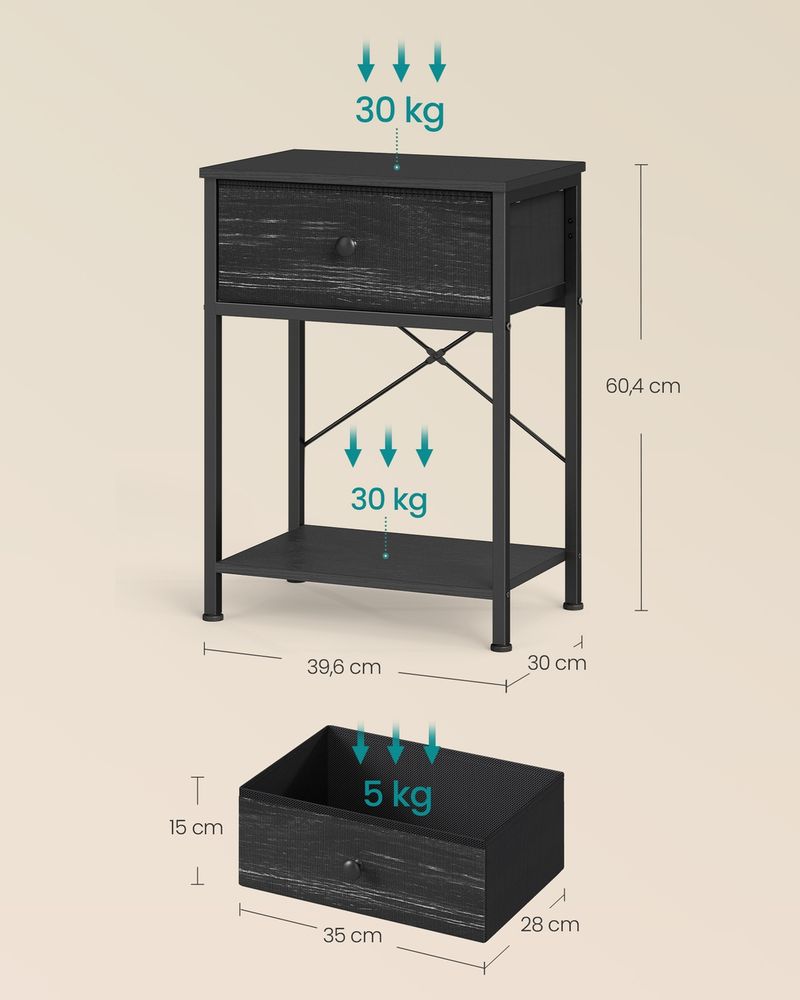 Nancy's Thiesi Nachtkastje - Geïntegreerd oplaadstation met USB-poorten - Zwart - ± 40 x 30 x 60 cm