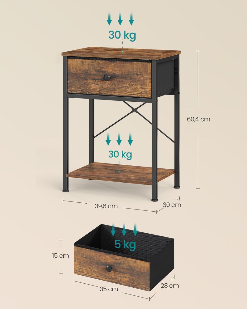 Nancy's Thiesi Nachtkastje - Geïntegreerd oplaadstation met USB-poorten - Vintagebruin - ± 40 x 30 x 60 cm