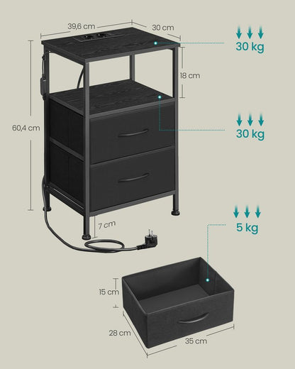 Nancy's Possagno Nachtkastje - Bijzettalfetje - Praktisch Oplaadstation - LED-Verlichting - Zwart - ± 40 x 30 x 60 cm