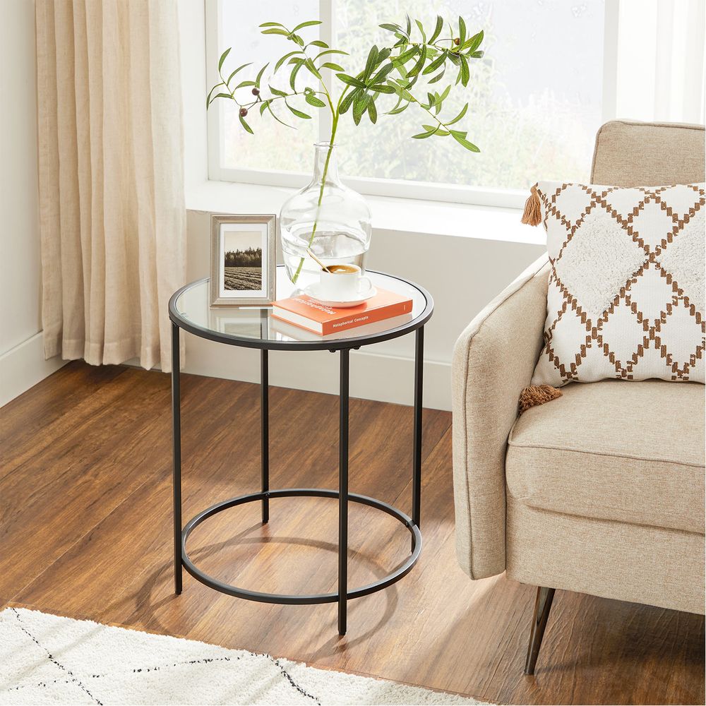 Nancy's Venity Round Side Table Glass Top - Side Table Black Metal - Bedside Table - Black - 50 x 50 x 55 cm