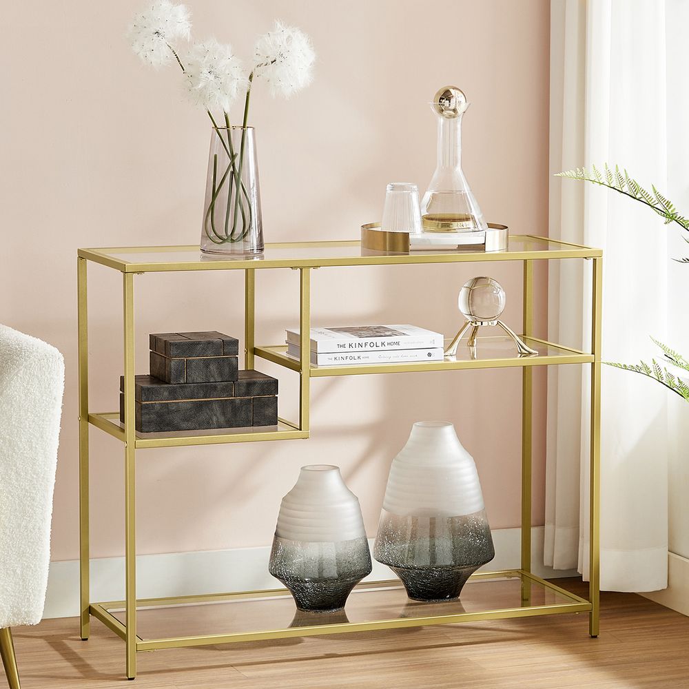 Table console Nancy's Verwood Gold - Cadre en acier - Verre trempé - Table d'appoint - Buffet - Moderne - 100 x 35 x 80 cm (LxPxH)