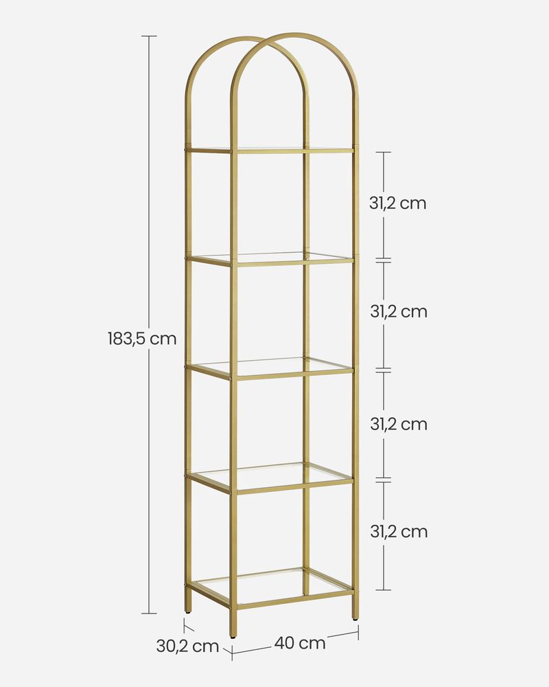 Nancy's Ventnor Bookcase Gold - Steel - Glass - Modern - Storage shelf - 40 x 30.2 x 183.5 cm