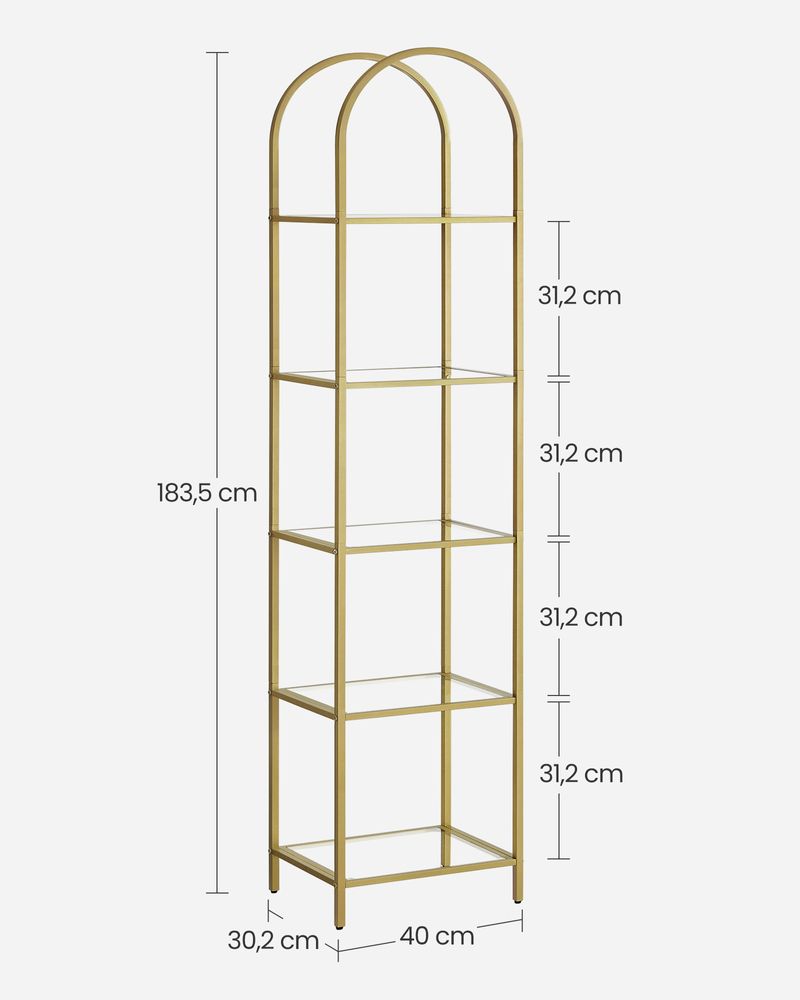 Nancy's Ventnor Boekenkast Goud - Staal - Glas - Modern - Opbergplank - 40 x 30,2 x 183,5 cm