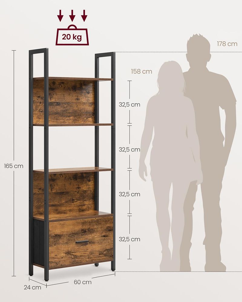 Nancy's Mergozzo Boekenkast - Opbergkast - Vitrinekast - Vintage Bruin / Zwart - ± 60 x 25 x 165 cm