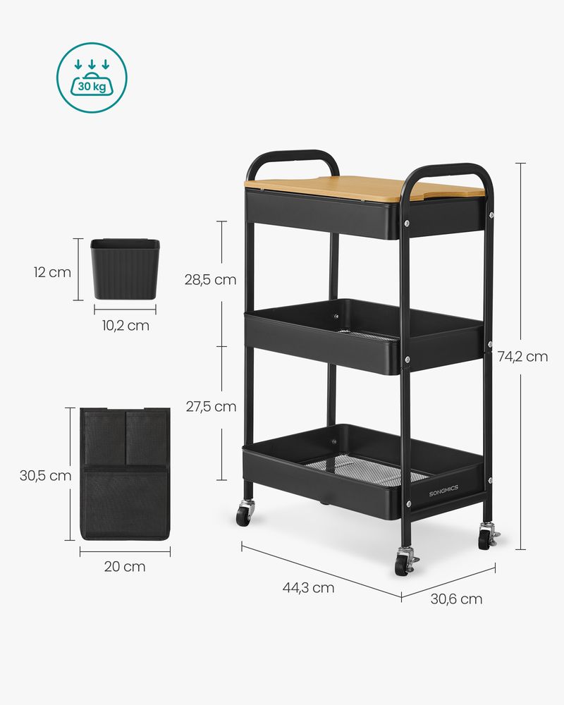 Nancy's Monzone Trolley - Keukentrolley - Serveerwagen - Zwart - Staal - ± 45 x 30 x 75 cm