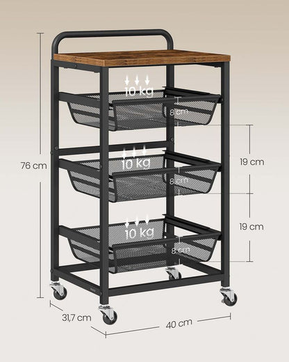 Nancy's Olbia Keukentrolley - Serveerwagen - Keukenrek - Vintage Bruin / Zwart - ± 40 x 30 x 75 cm