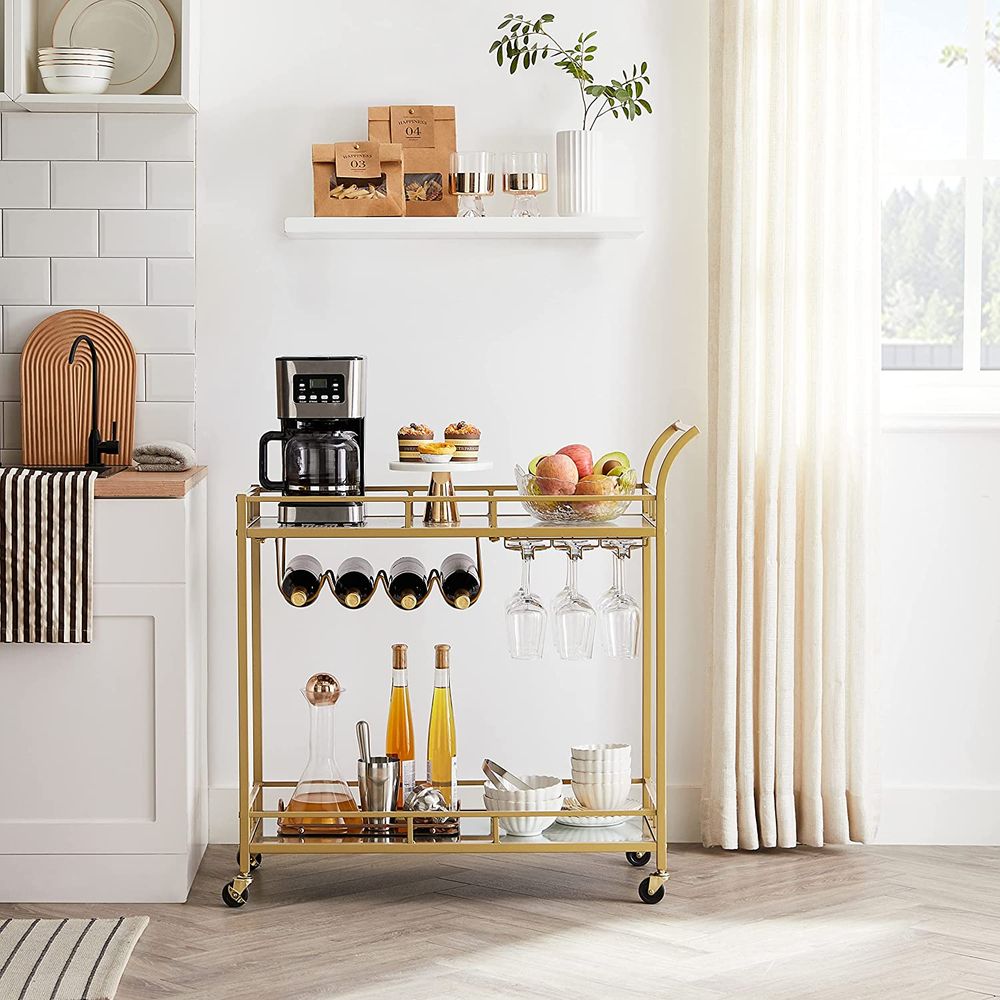 Nancy's Oundle Keukentrolley Goud - Bartrolley - Serveerwagen - Trolley op wielen - Staal - Glas - Modern - 80 x 38 x 77,5 cm