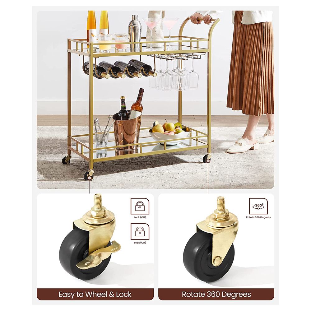 Nancy's Oundle Keukentrolley Goud - Bartrolley - Serveerwagen - Trolley op wielen - Staal - Glas - Modern - 80 x 38 x 77,5 cm