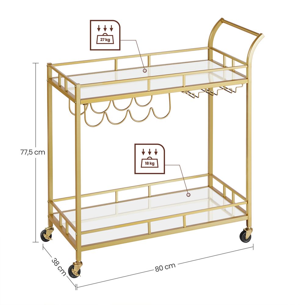 Nancy's Oundle Keukentrolley Goud - Bartrolley - Serveerwagen - Trolley op wielen - Staal - Glas - Modern - 80 x 38 x 77,5 cm