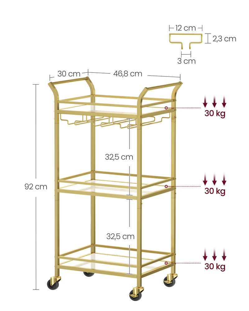 Nancy's Redcar Kitchen Trolley Gold - Serving trolley - Bartrolley - Modern - Steel - Mirror glass - 46.8 x 30 x 92 cm