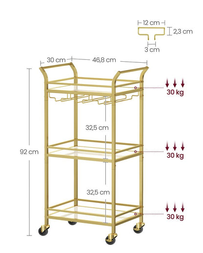 Nancy's Redcar Kitchen Dessert Gold - Chariot de service - Bartrolley - Moderne - Acier - Verre miroir - 46,8 x 30 x 92 cm