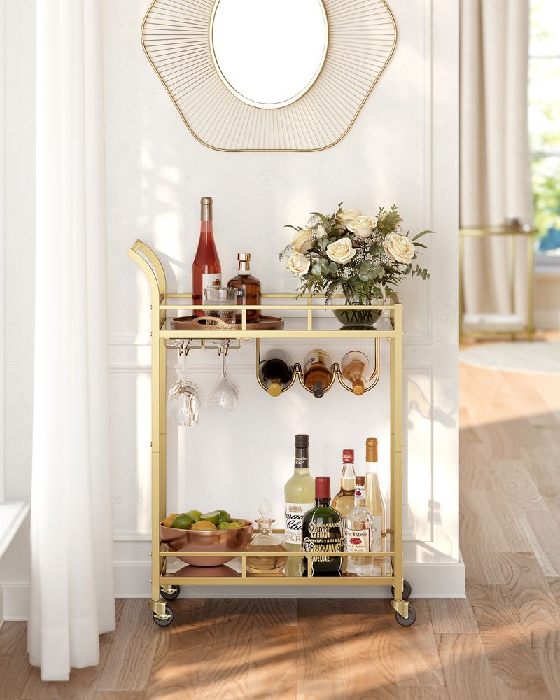 Nancy's Redcar Kitchen Dessert Gold - Chariot de service - Bartrolley - Moderne - Acier - Verre miroir - 46,8 x 30 x 92 cm
